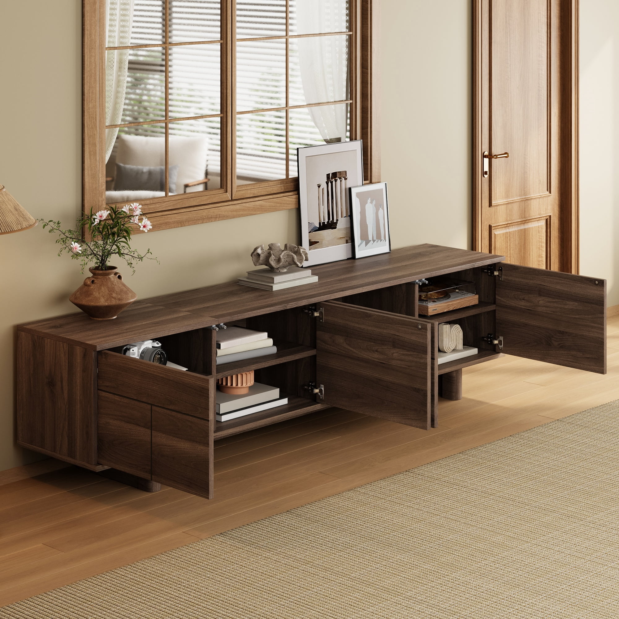 TV Stand for TVs up to 85 Inch, Entertainment Center with Adjustable Shelves & Push-Openers, Media Console with Solid Wood Legs for Living Room