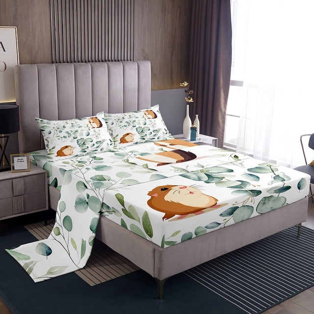 YST Cartoon Guinea Pig Bed Sheets Set Toddler Pet Animal Sheet Set, Spring Plant Bedding King Size Eucalyptus Leaf Sheets, Hamster Mouse Theme Bedding Set Kids Room Decor