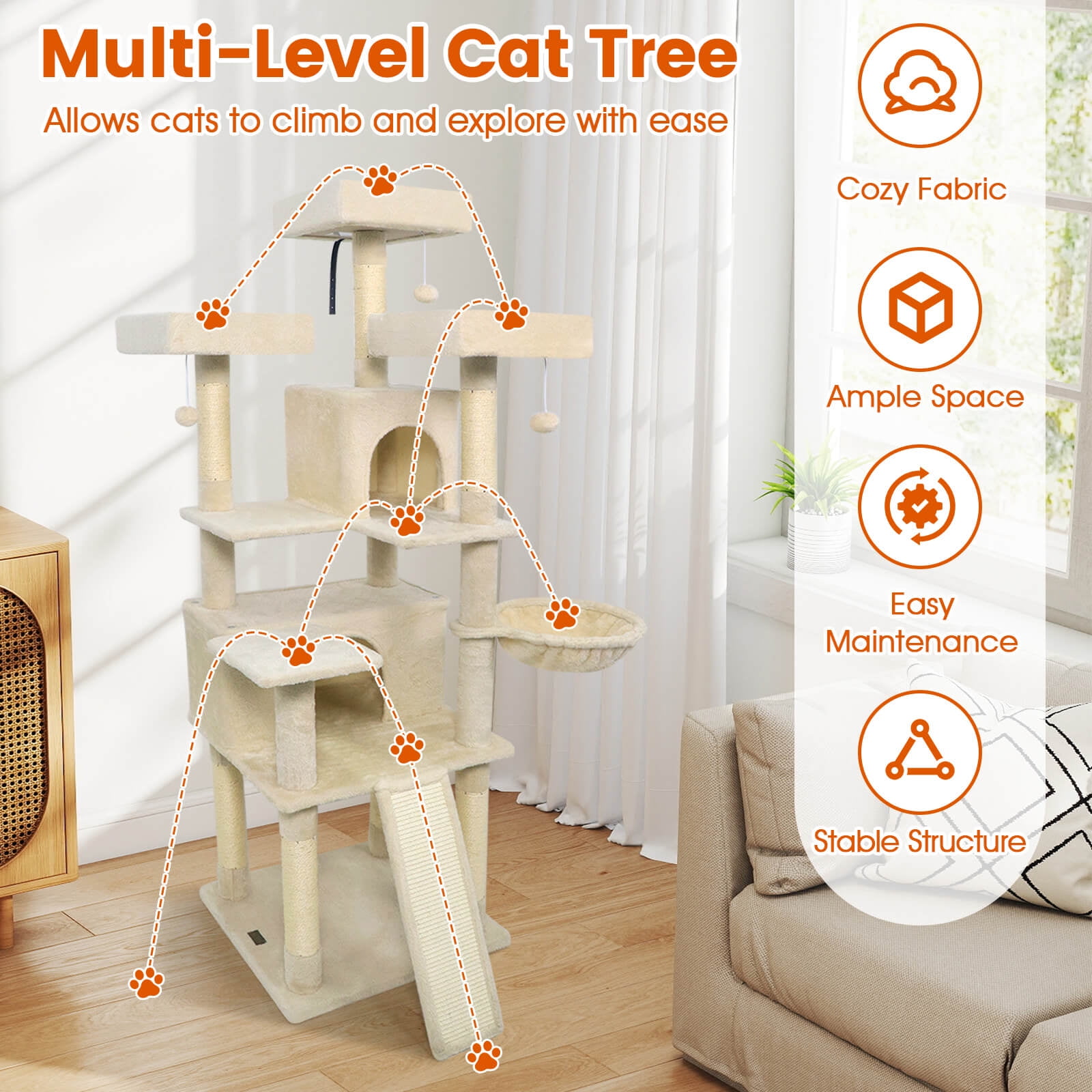 Costway 65” Tall Multi-level Cat Tree with 3 Upholstered Top Perch 2 Cat Condos Cat Basket Beige