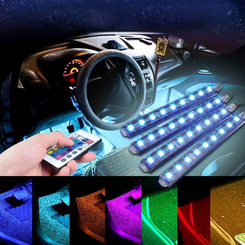 RGB Car Charger Included DC 12V Sound Sensor Function Music Activated LE 4pcs 48 LEDs Car Strip Lights Automobile Interior Decoration Light Bars Wireless Remote Control 