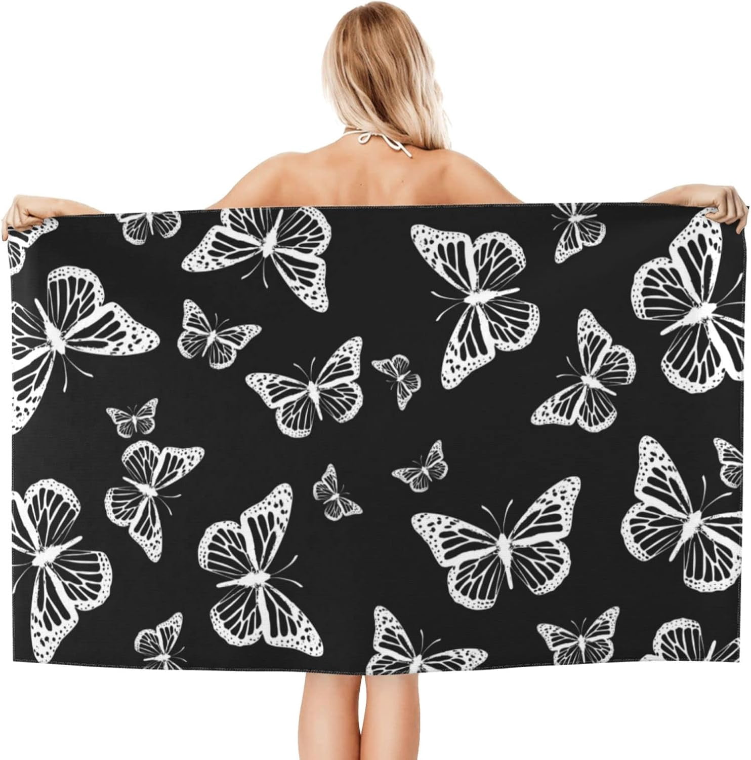Pretty Black and White Butterflies Pattern Beach Towels Oversized Soft High Absorbent Quick Dry Bath Towels Pool Towels Travel Beach Towels for Kids Adults