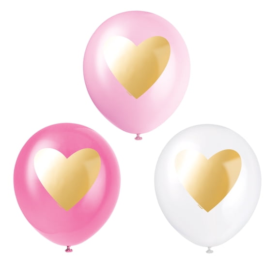 Latex Gold Heart Balloons, Pink and White, 12in, 6ct