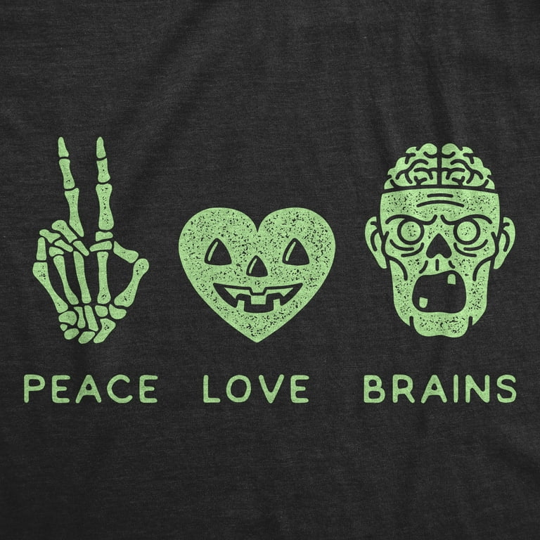 Womens Peace Love Brains Tshirt Funny Halloween Skeleton Zombie