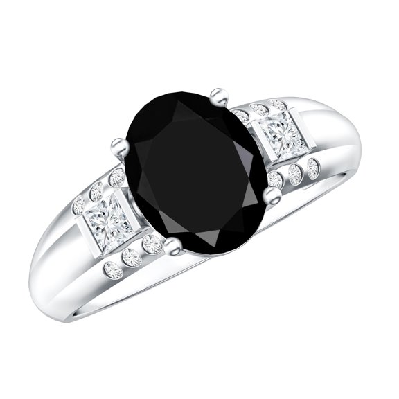 Lab Grown Black Diamond Solitaire Statement Ring with Diamond - 8X10 mm, 925 Sterling Silver, US 4.00