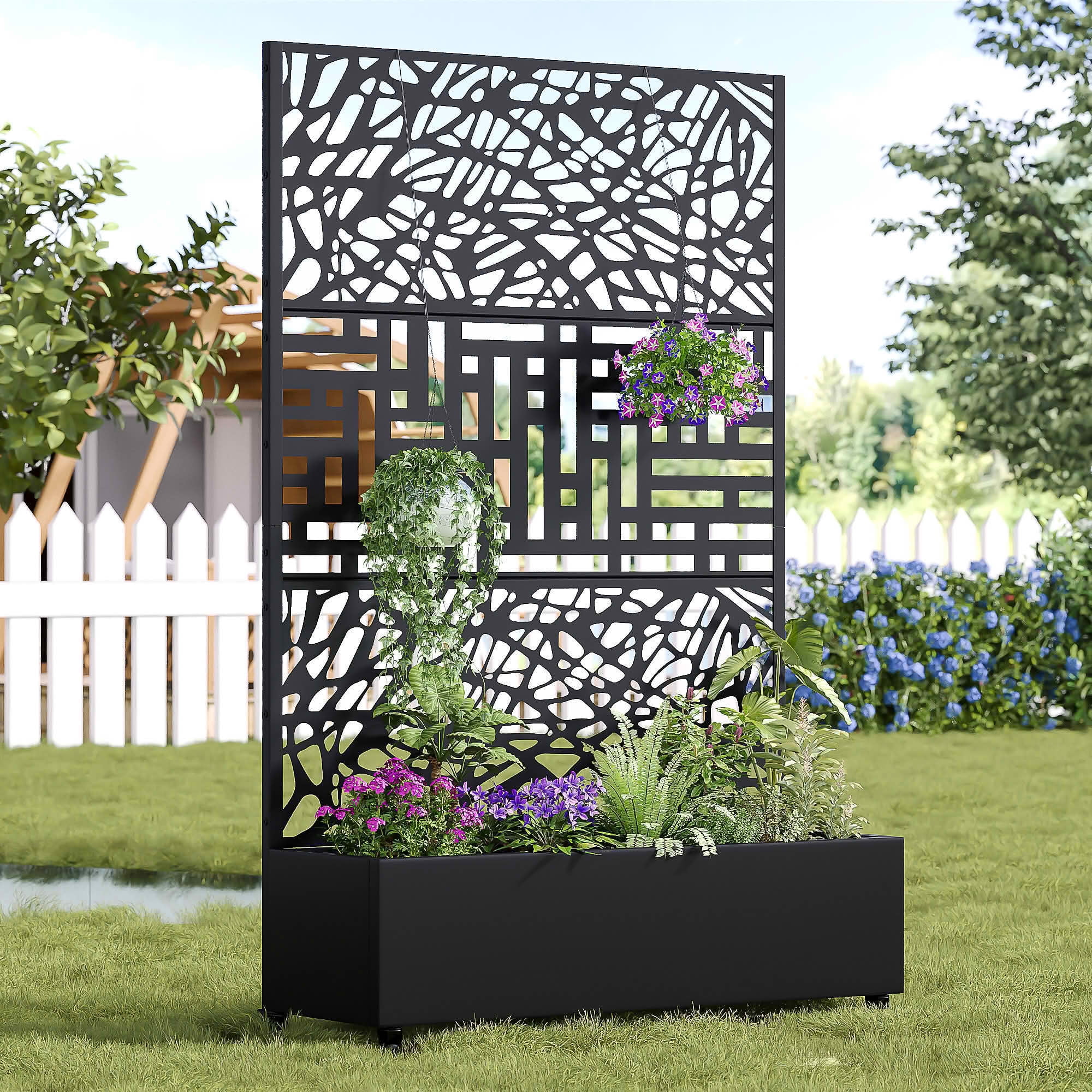MAYEERTY 72x47x16 Inch Black Metal Planter Box with Trellis for Outdoor Garden & Patio