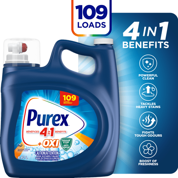 Détergent à lessive liquide concentré avec bénéfices 4-en-1, Purex Oxi, puissant contre les taches, ravive et blanchit les vêtements, 4.42L L, 109 brassées, compatible avec les laveuses HE