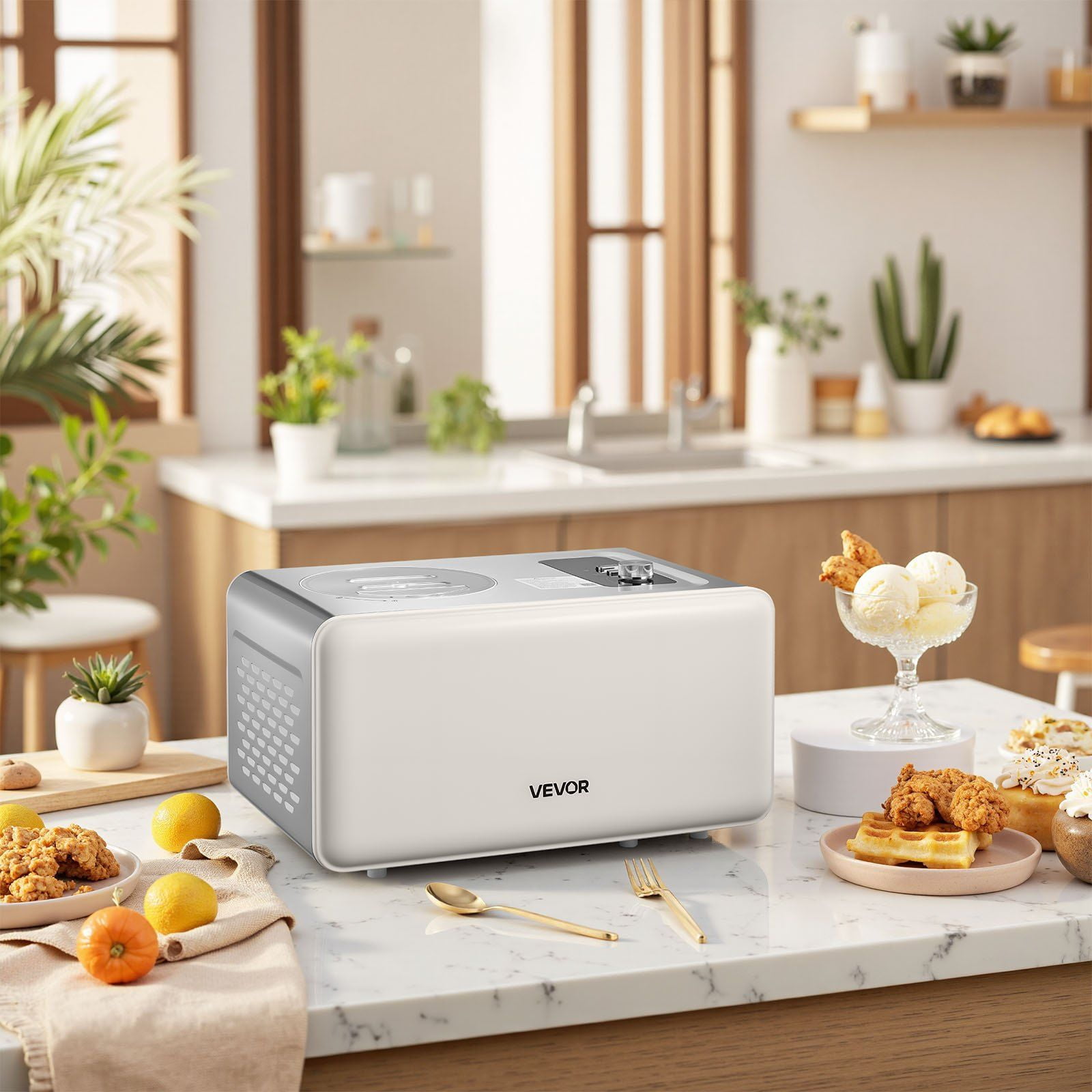2 Quart Automatic Ice Cream Maker with Built-in Compressor, No Pre-Freezing, 3-in-1 Modes for Ice Cream, Cooling and Mixing, 150W Motor, Smart Protection, Easy Disassembly and Cleaning