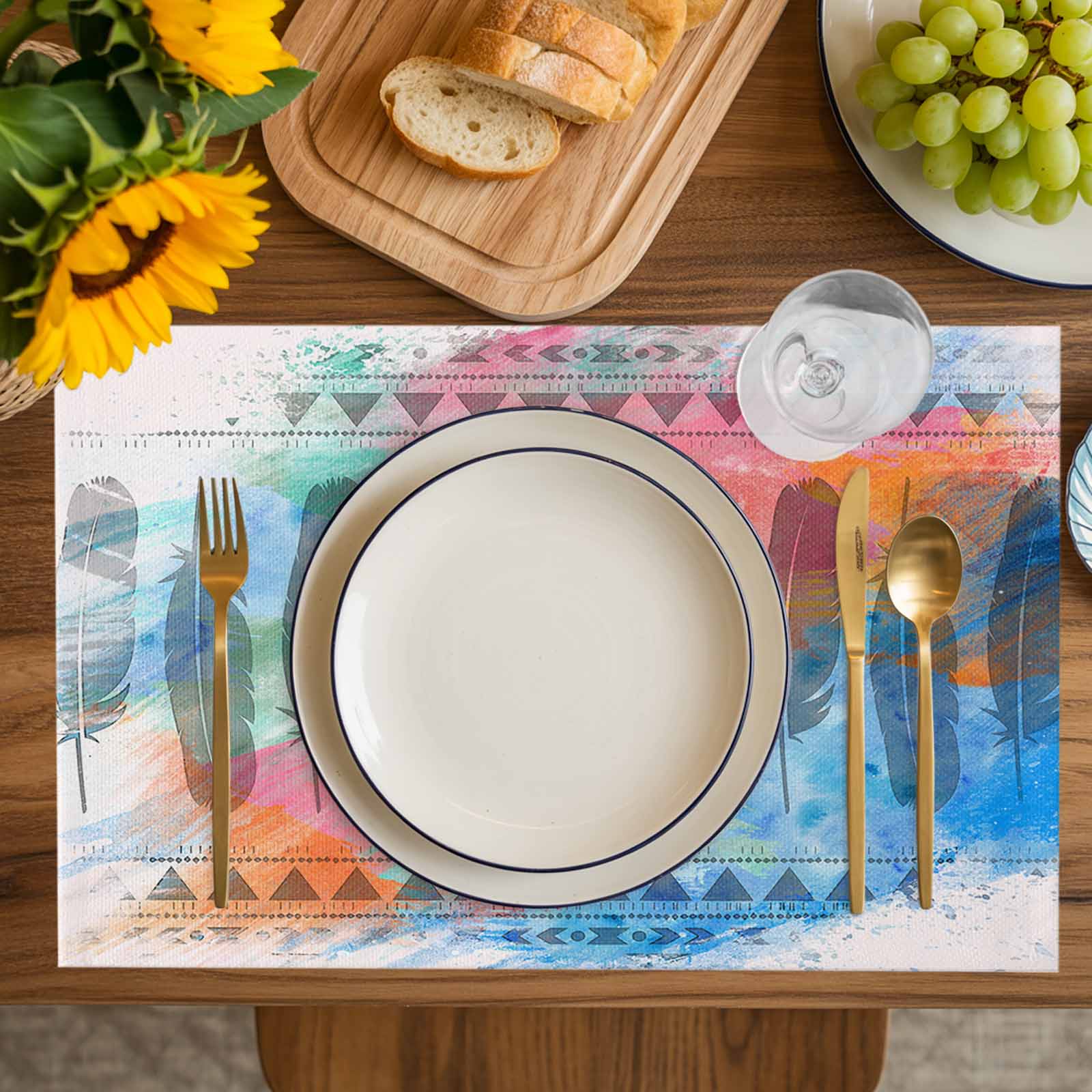 Medi-eval Feather, Placemats Set of 4, Bohemia Abstract Shabby Chic Art Placemats for Dining Table, Place Mats for Kitchen Tabletop, Waterproof Wipeable Dining Table Mats Set