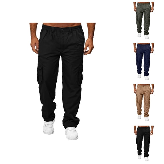 Cargo Pants for Men Solid Color Elastic Waist Straight Leg Loose Casual Pants with Pockets Trousers