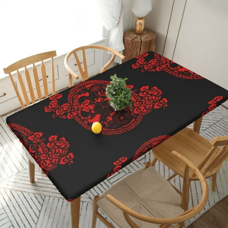 

Home Deluxe Tablecloth Chinese Dragon Papercutting Waterproof Elastic Rim Edged Table Cover- For Christmas Parties And Picnics 5ft