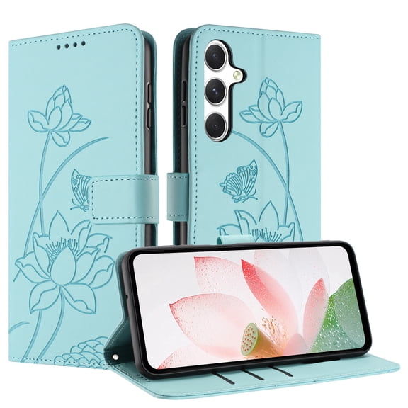 For Samsung Galaxy S24 FE Phone Case,Elegant Lotus Emboss Design,Anti-Scratch PU Leather Flip Cover,With Card Slots,Flip Folding Kickstand,Shockproof Non-Slip,Durable Flip Phone Case,Green