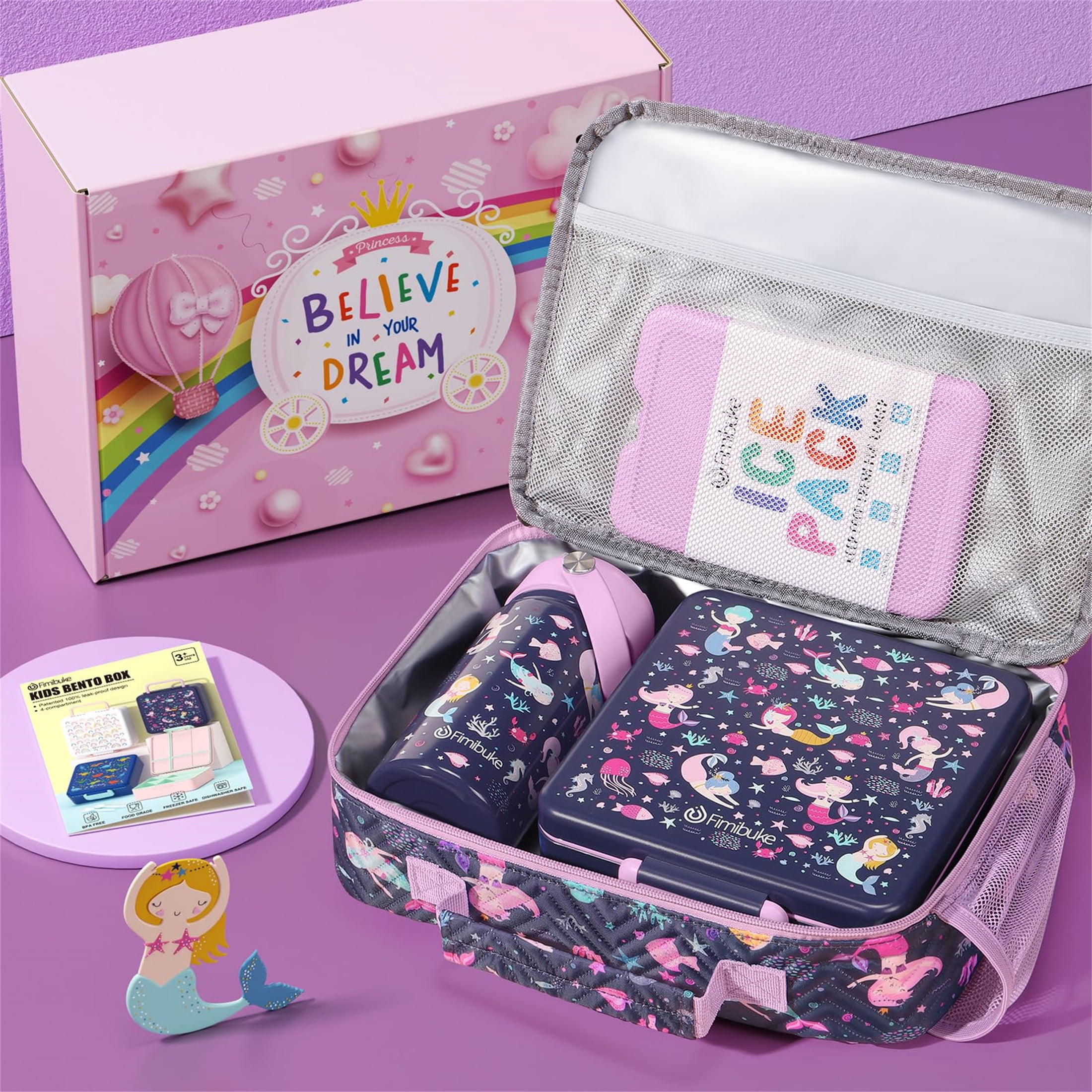 Bento Lunch Box with 4 Compartments, Insulated lunch Bag, 14oz Stainless Steel Water Bottle, Ice Pack, Utensils Set (Mermaid)