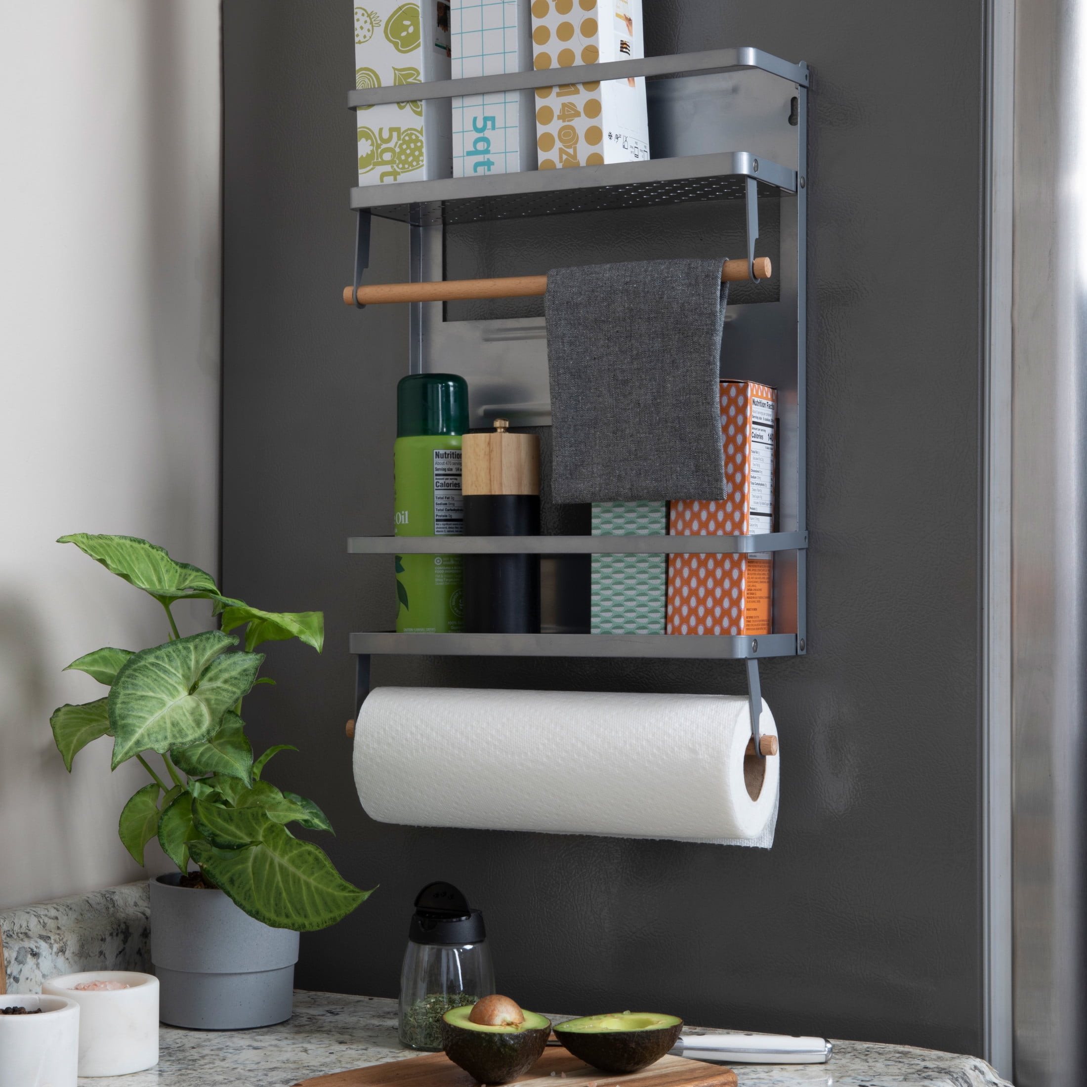Household Essentials Metal Magnetic Organizer with Paper Towel Holder, Grey