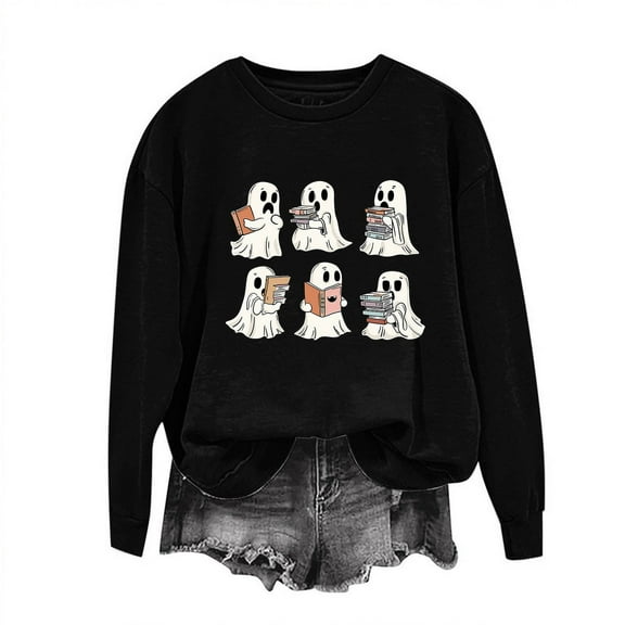LYEAA Halloween Oversized Sweatshirt Long Sleeve Crew Neck Regular Ribbed Cuff Tunic Casual Wear Ghost Holiday Clothes Black L