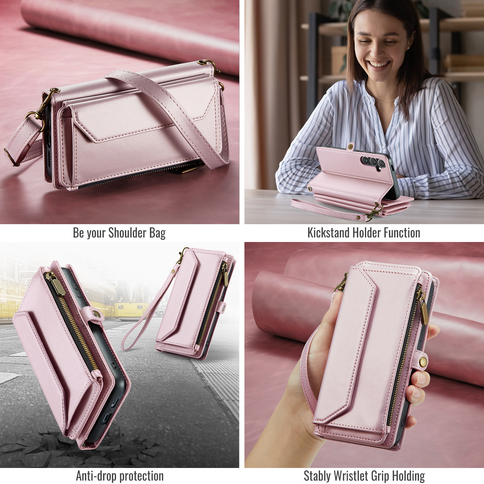 Compatible with Samsung Galaxy S24 FE 5G Zipper Wallet Phone Case Tempered Glass Screen Protector Crossbody Lanyard Strap Flip Card Holder Slot Cell Cover for S 24 EF AI S24FE 24S Women Rose Gold