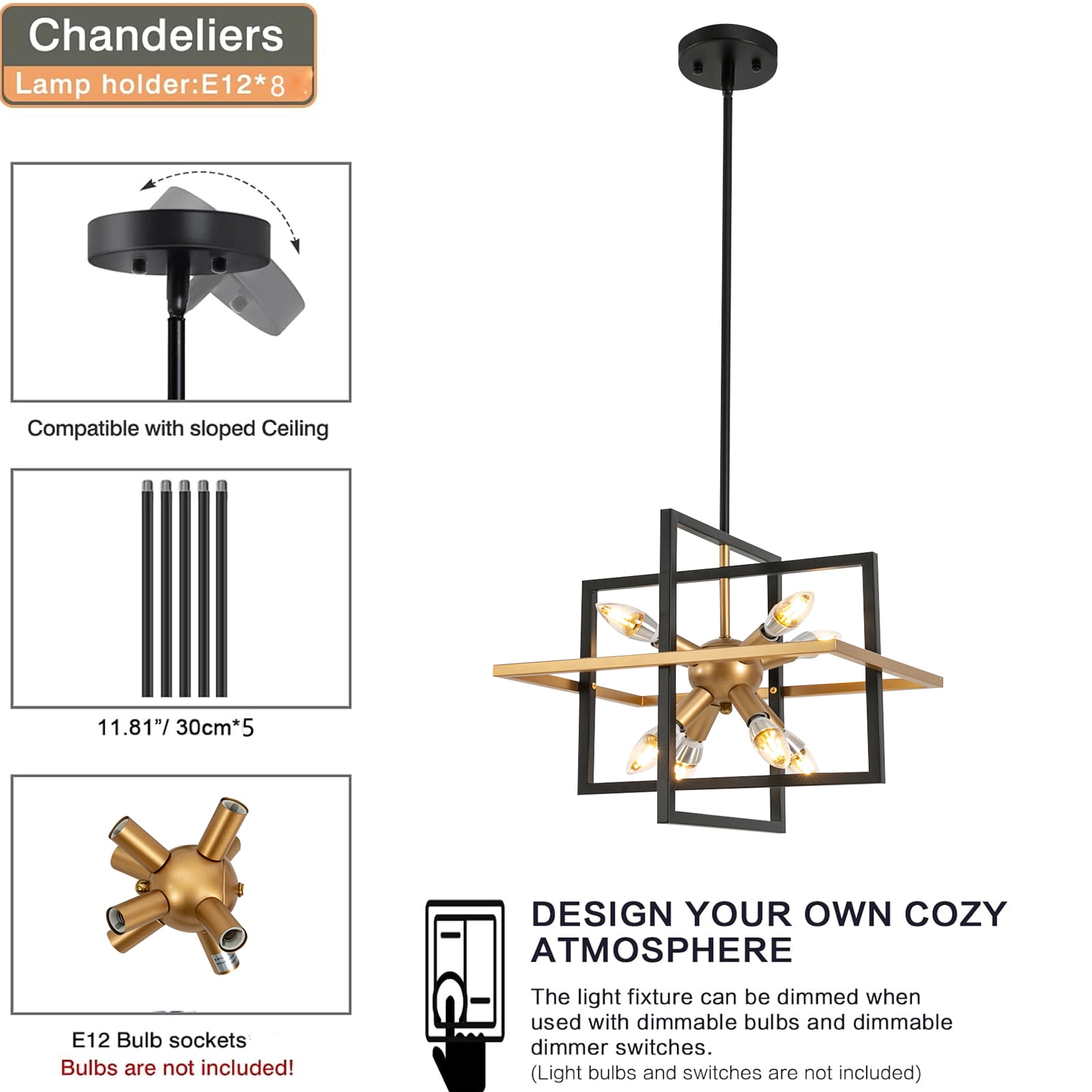 Griptix Modern Ceiling Light with Adjustable Hanging Rods, Elegant Gold and Black Design, 8 Lamp Heads, for Flat and Sloped Ceilings, Easy to Install