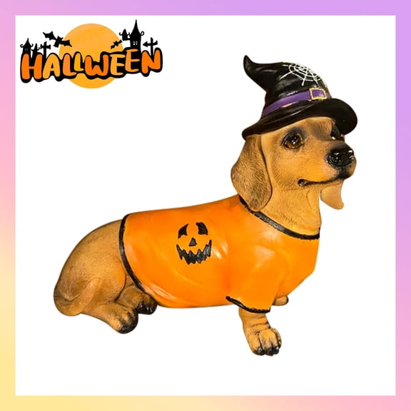 🔥 2025 NEW Halloween Dachshund Dog Resin Witch Hat Dachshund Figurine Halloween Decorations Indoor 7.87"