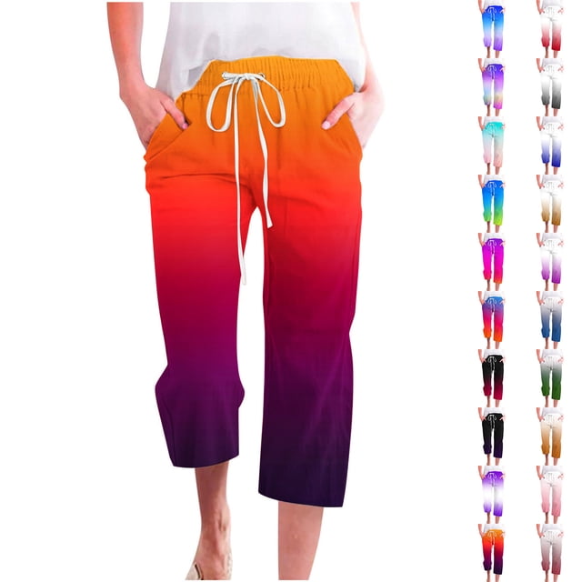 QATAINLAV Pantalons Capri pour Femmes Décontractés Été 2025 Taille Haute Élastique en Lin Mode Imprimé Dégradé Jambe Grand Droite Pantalons Courts Rouges G Vente du Jour Prime Aujourd'hui
