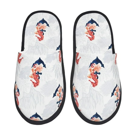 Balery Sea Horse And Corals1 Slient Indoor Furry Fleece Comfort House Shoes Soft Non-Slip Home Shoes Cotton slippers House Slippers-- Medium