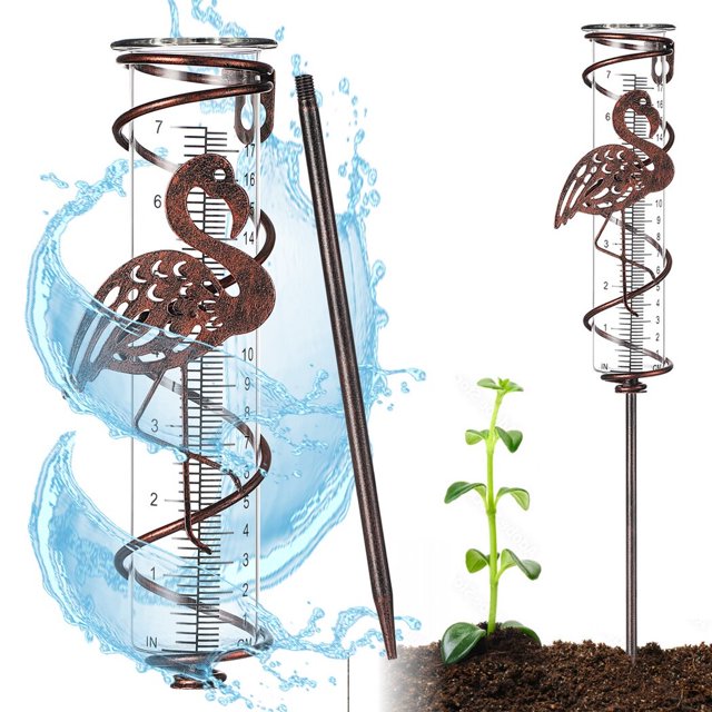 Pluviómetro para exteriores, pluviómetro de vidrio de 7 pulgadas con escala transparente, pluviómetro desmontable con estaca de metal, pluviómetro en espiral de flamenco, decorativo para jardín, patio