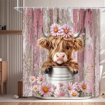 Funny Highland Cow Shower Curtain, Teal Cute Rustic Western Floral Plant Daisy Wooden Farmhouse Bath Curtain, Country Animal Fabric Waterproof Shower Curtain Set for Bathtub Decor, 72X72in