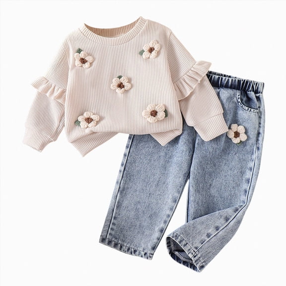 Leey-World Toddler Baby Girl Clothes Fall Winter Baby Girl Outfit Floral Crewneck Sweatshirt Bell Bottom Jeans Pants Set