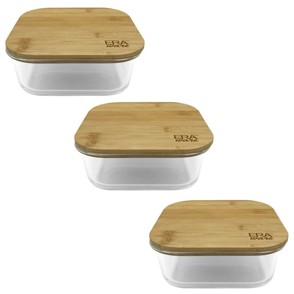 EraWare - Set of 3 Borosilicate Glass Container, Bamboo Lid, Oven Safe, 520ml