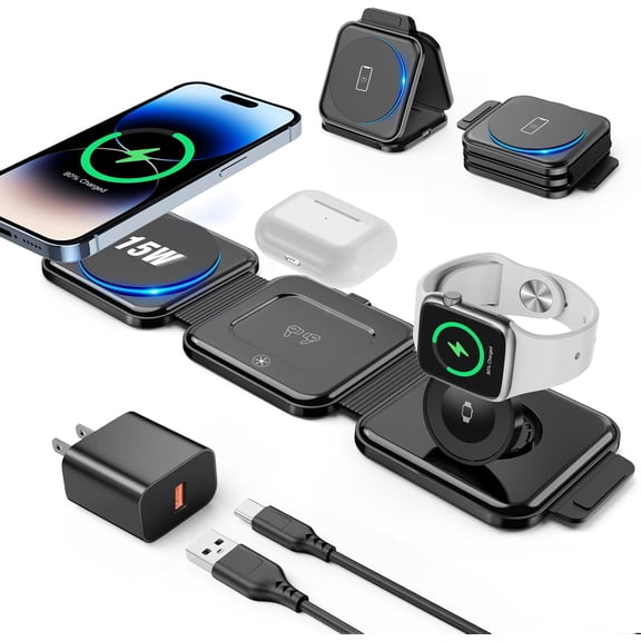 3 in 1 Wireless Charging Station, Foldable Travel Charger Stand with 20W Adapter, Magnetic Wireless Charger Compatible with iPhone 12-17 Series, Watch Ultra/10/9/8/7/SE/6/5/4 and AirPods 4/3/2/Pro