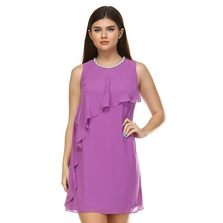 SLNY Women's Petite Beaded Neckline Chiffon Dress - Bright Orchid - 10P