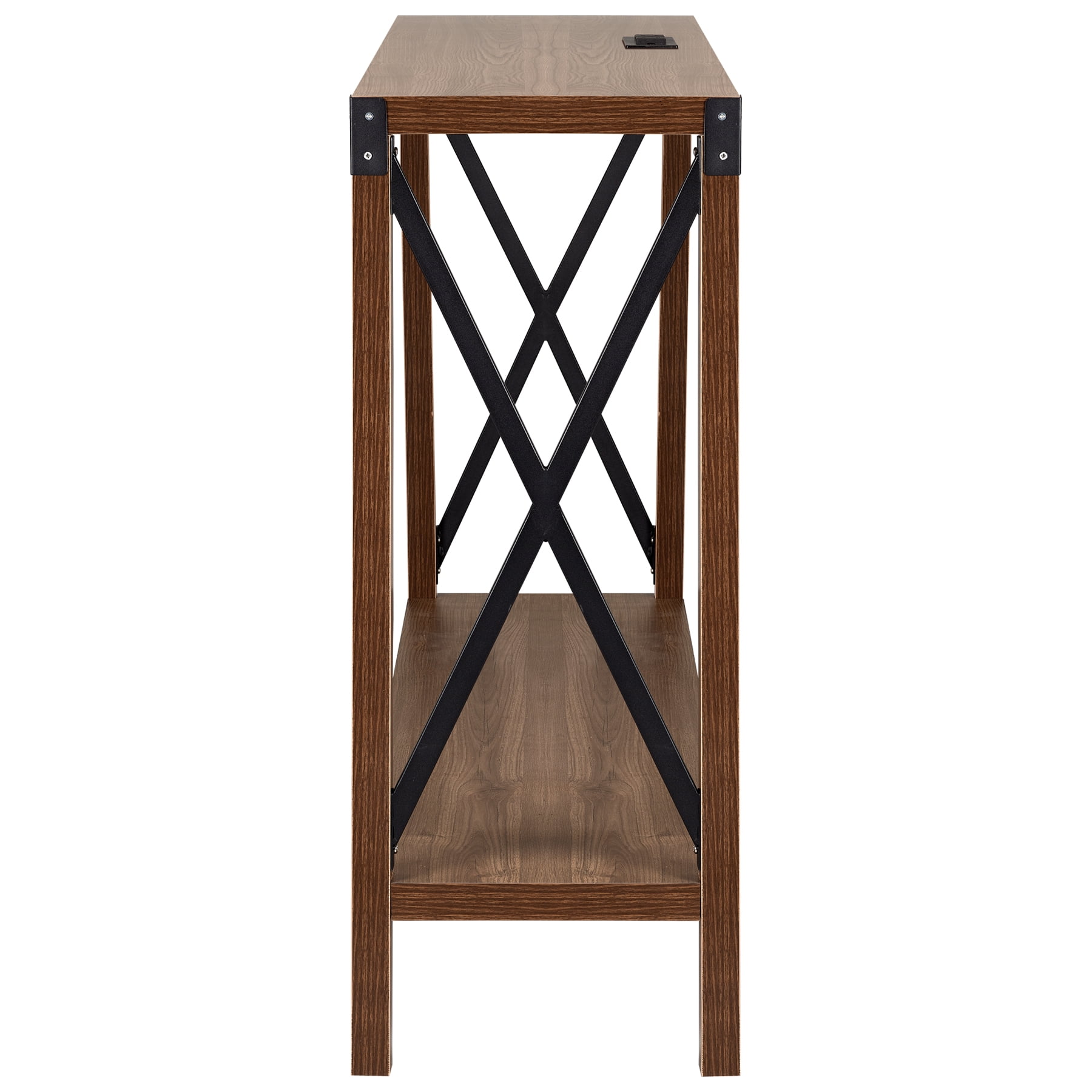 DecorTech Industrial Rectangular Wood Console Table with AC Power and USB Charging Ports, Walnut