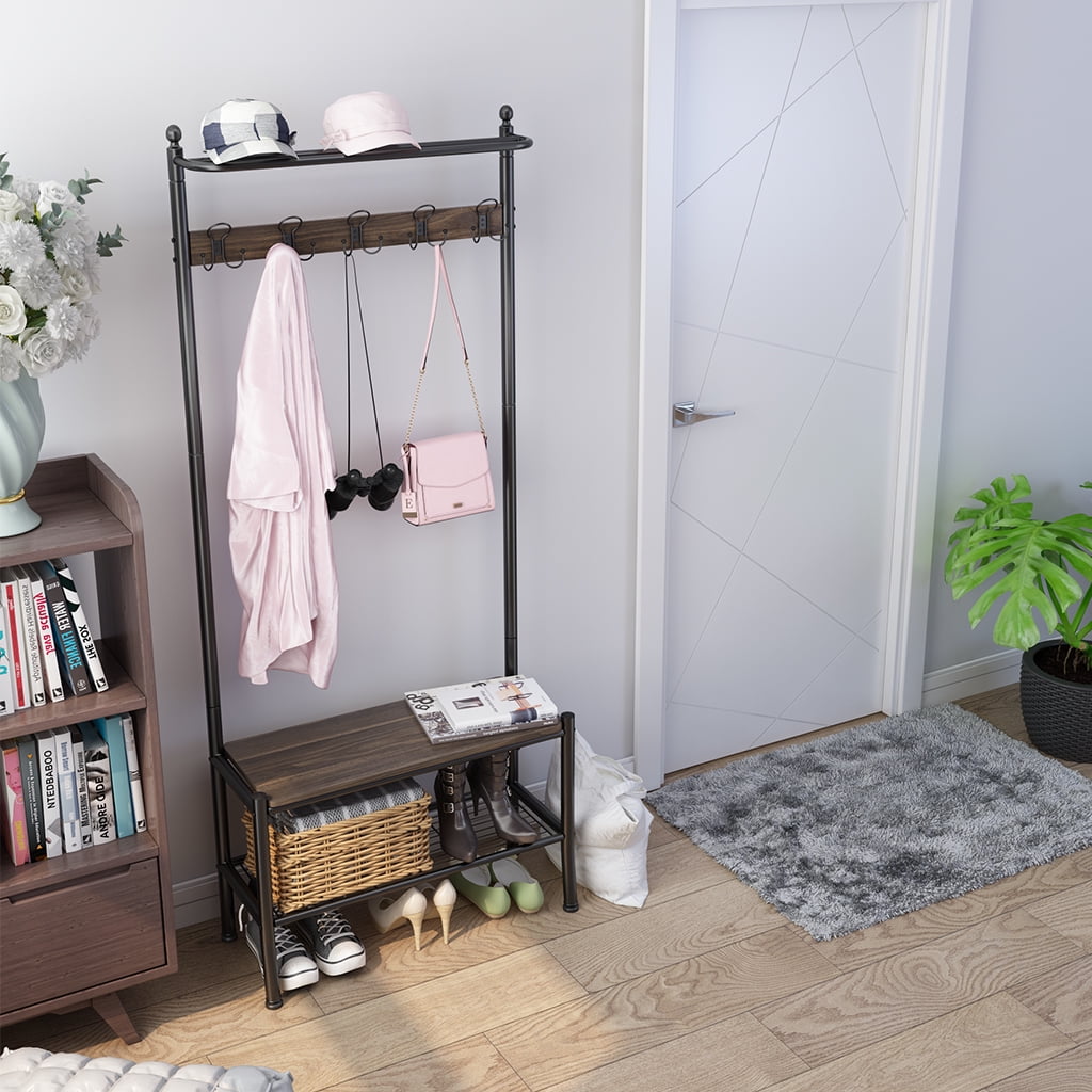 LANGRIA Entryway Metal Storage Shoe Bench with Coat Rack, 3 Tiers and 5 Free Hooks Black Finish