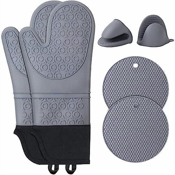 HEETLY Silicone Oven Mitts, Pot Holders & Pinch Grips Set, 6-Piece, 500°F Heat Resistant, Gray