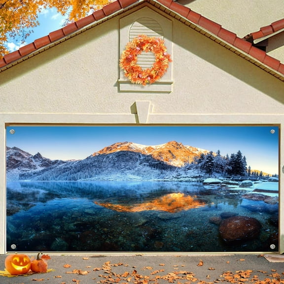 13 x 6ftWinter Snow Mountain Dreamy Forest Scenery Garage Door Background Blue Sky Snow Covered Alpine Snow High Hill Peak Ski Backdrop Christmas Party Decor Party Indoor Outdoor Decor Banner Cover