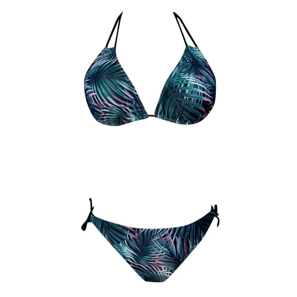 HEVIRGO Transparent Strap Push-up Bikini Set Two Pieces Halter Triangle Bra  High Waist Thong Swimwear for Beach,Blue XL 