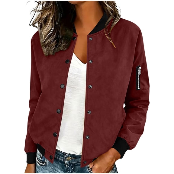 WAGUTH Bomber Jacket for Women Long Sleeve Button Down Suede Texture Casual Jacket Lightweight Spring Fashion Coats with Pockets,Wine,L