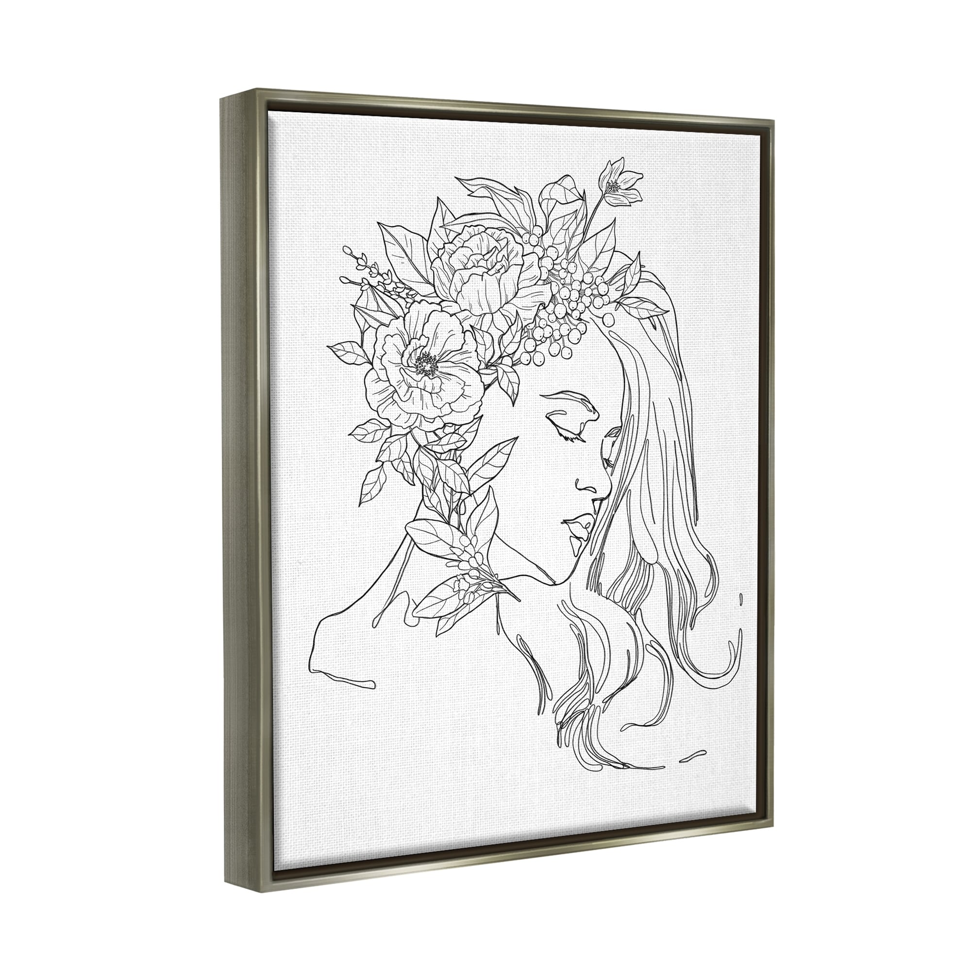 Stupell Industries Woman Face Detailed Blossoming Flowers Line Drawing Graphic Art Luster Gray Floating Framed Canvas Print Wall Art, Design by Ziwei Li