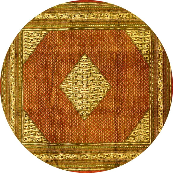 Ahgly Company Machine Washable Indoor Round Medallion Yellow Traditional Area Rugs, 5' Round