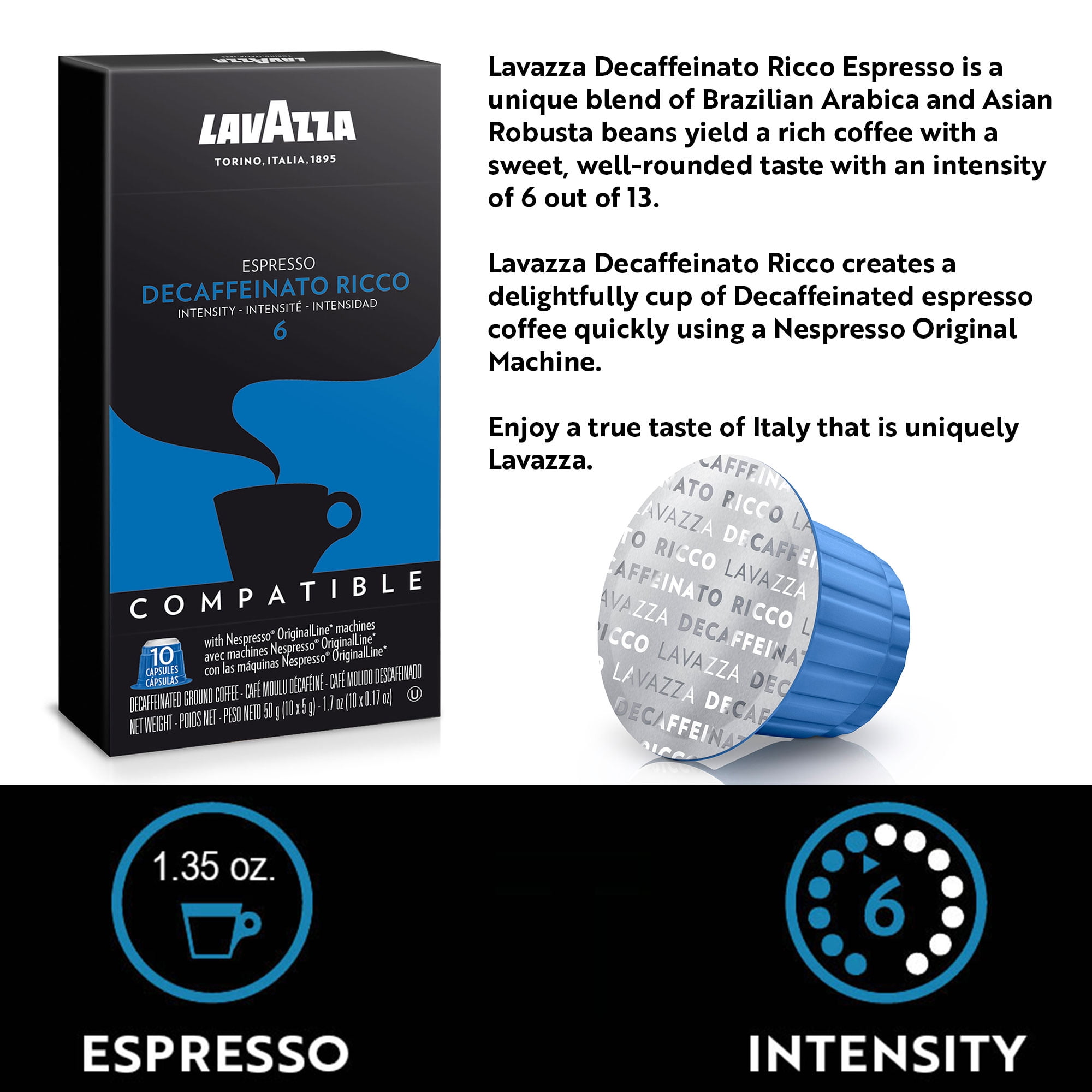 Lavazza Nespresso Compatible Capsules, Decaffeinato Ricco Espresso Dark  Roast Coffee (Pack of 60) 
