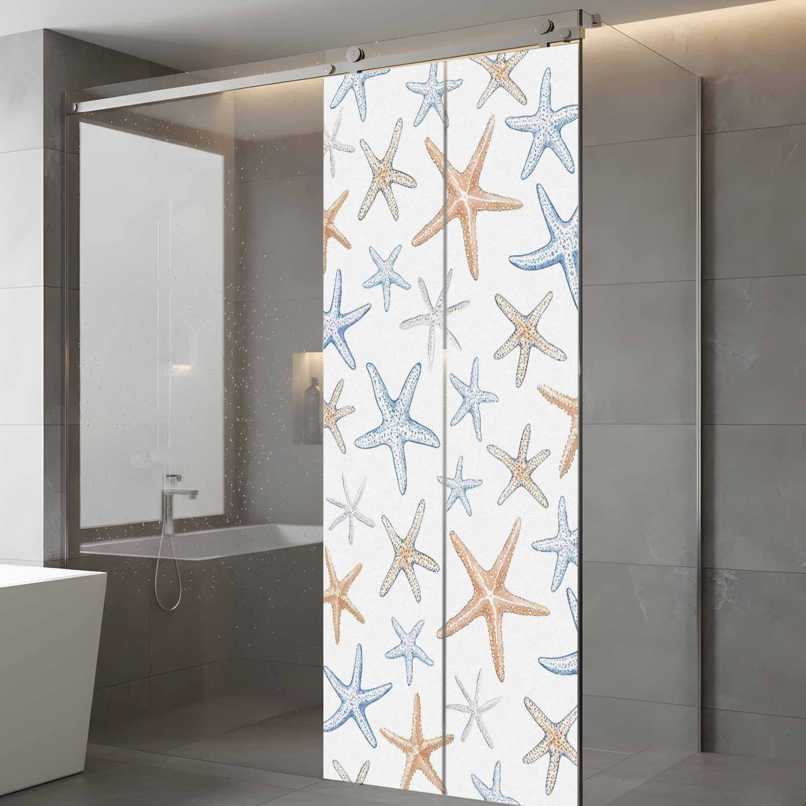 Retro Starfish Window Privacy Film, Watercolor Starfish Frosted Glass Window Clings Static Cling UV Heat Blocking Reusable Door Sticker for Bathroom 23.6 x 59 Inch