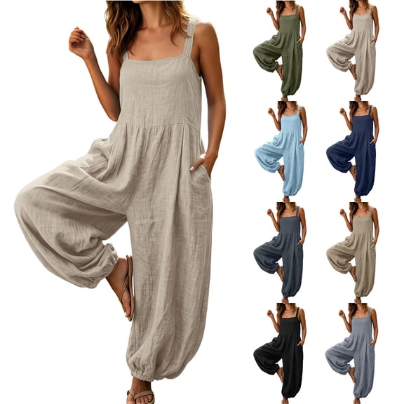 Women's Cotton Loose Fit Jumpsuit, Elastic Waist Casual Jumpsuit with Pockets, Solid Color Sleeveless, Lounge Beach Vacation & Outdoor Everyday Wear, Womens Rompers | UKHCCC,Beige L