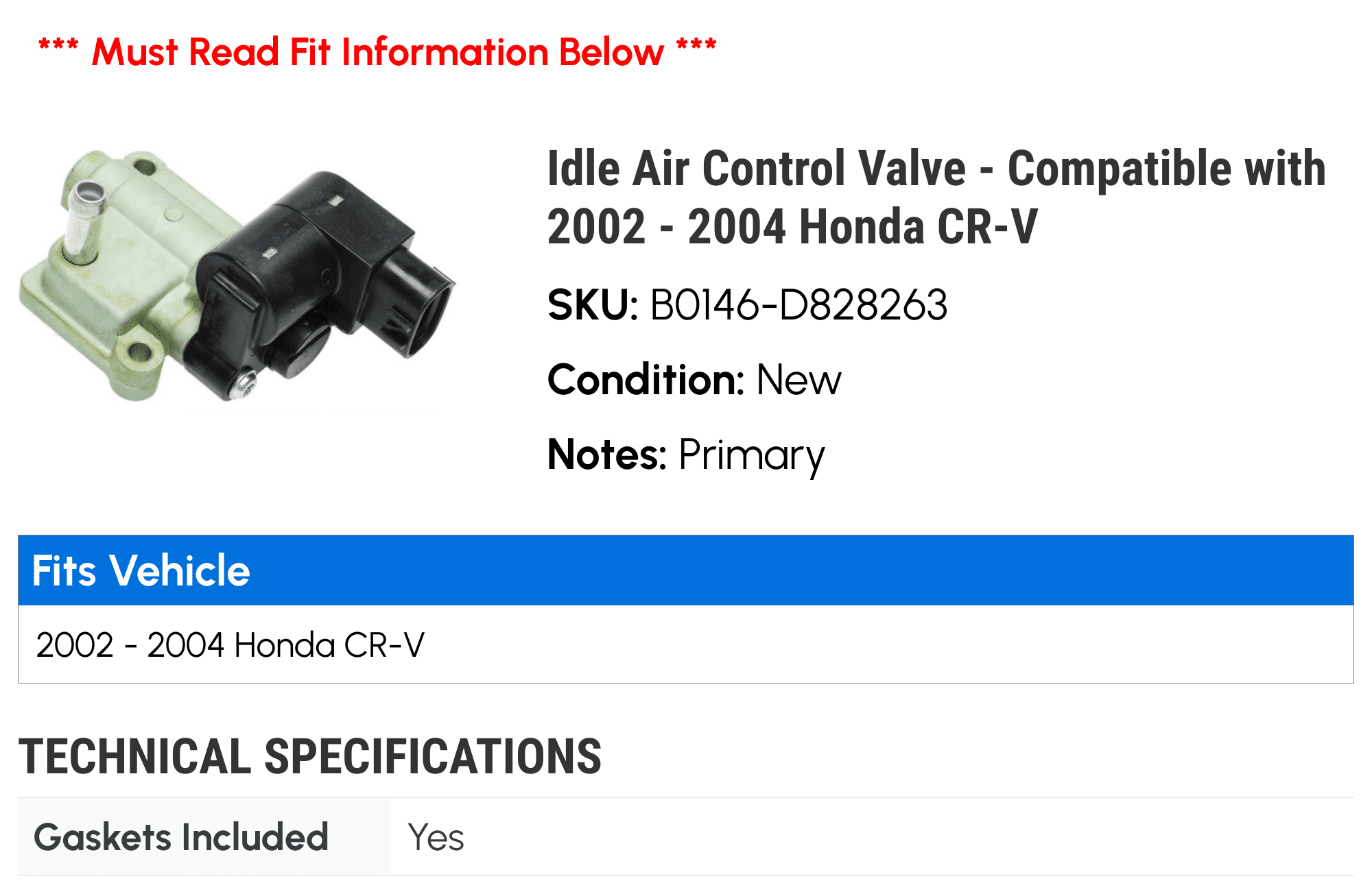 Idle Air Control Valve - Compatible with 2002 - 2004 Honda CR-V 2003