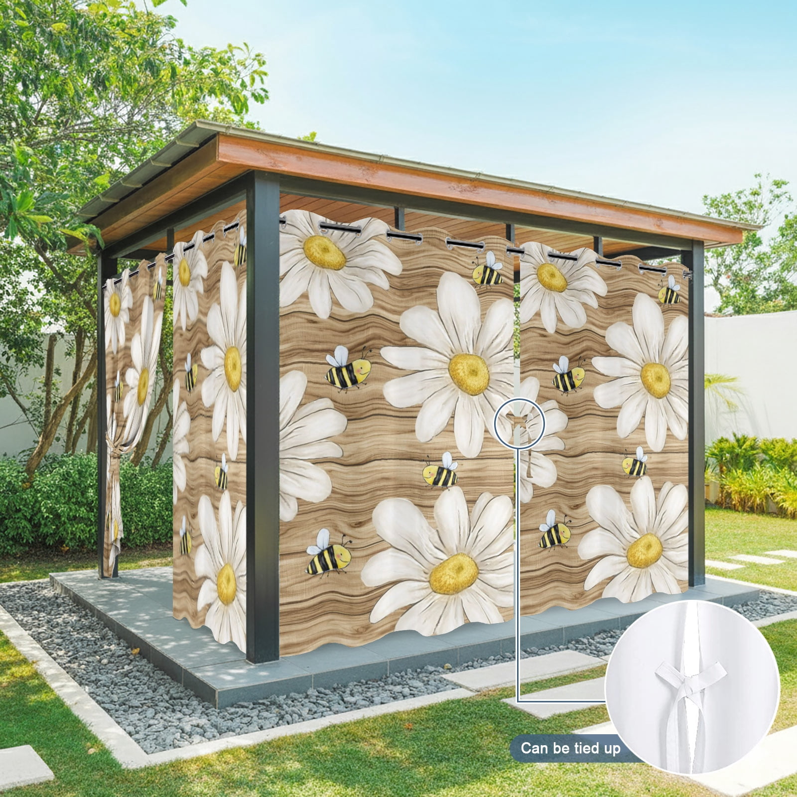 White Daisy Honeybees Outdoor Curtains for Patio, Farmhouse Floral Rustic Wood Stripes Sunshade Privacy Drapes Grommet Waterproof Outside Curtains for Porch/Cabana/Balcony 54"x 108", 1 Panel