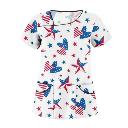 

XHJUN Flag Scrub_Tops for Women Independence Day V-Neck Scrubs 4th of July Nursing Working Uniform with Pockets White M