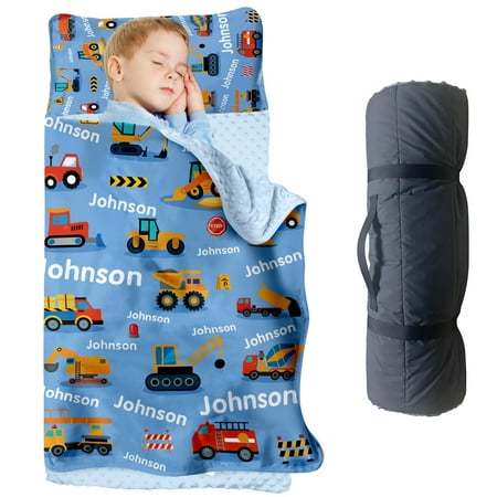 AOLOA Personalized Toddler Nap Mat Construction Vehicle Theme Custom Name Blue Sleeping Bag Blanket for Kids Ideal for Daycare Preschool Home Travel and Sleepovers