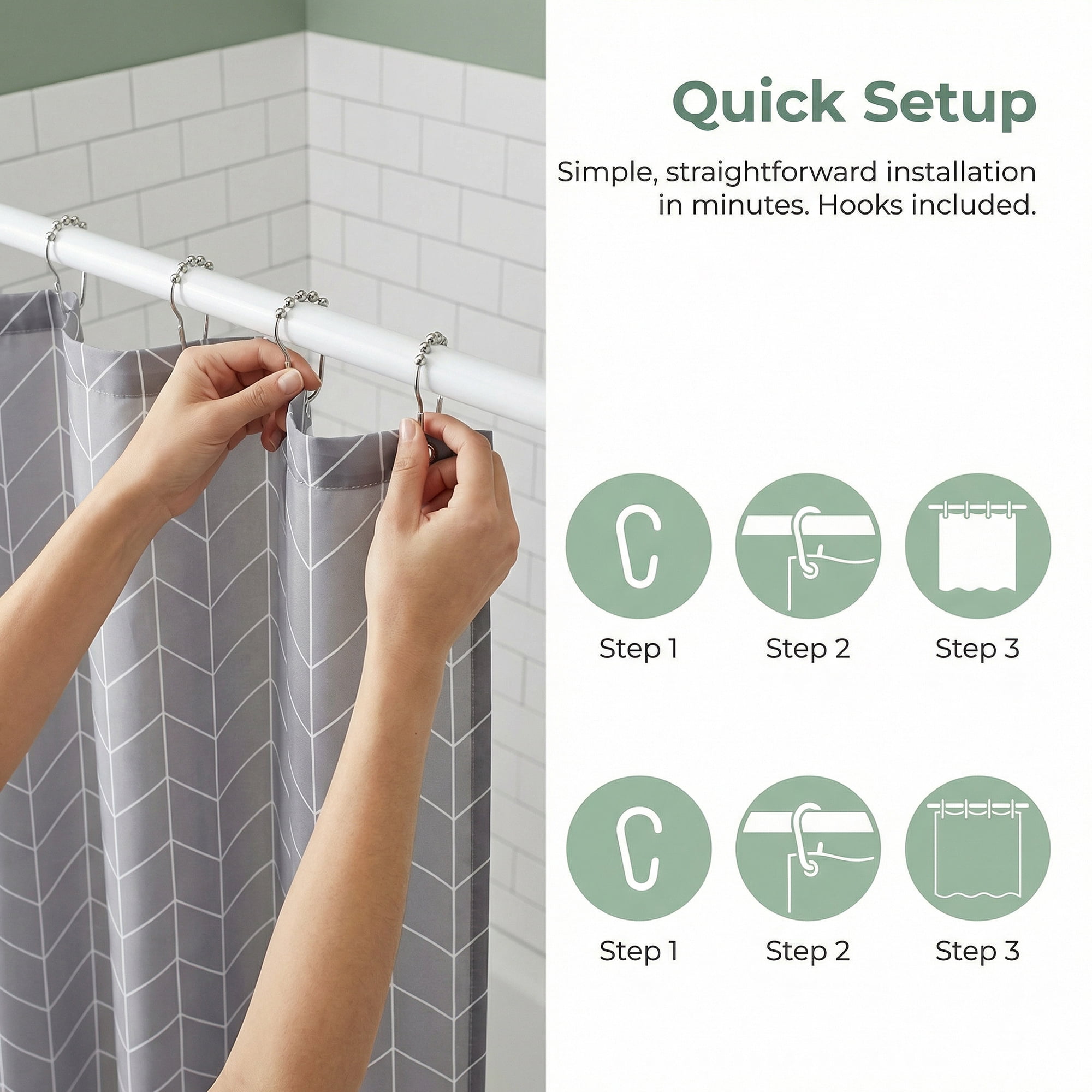 Unique Bargains Waterproof V-Stripe Shower Curtain Sets with 12 Hooks Grey 71"W x 71"L