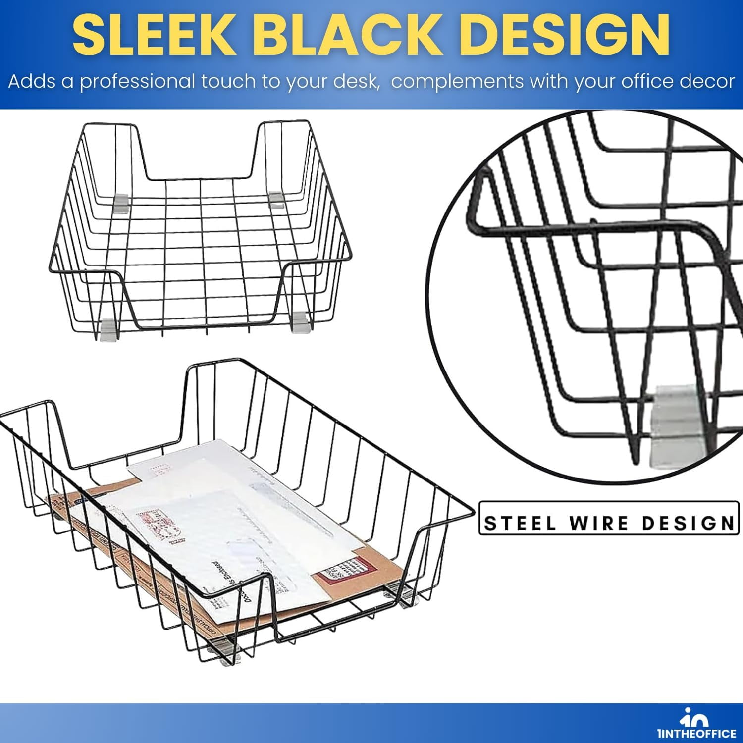 1InTheOffice Paper Tray, Paper Tray Organizer for Desk, Desk Paper Tray, Steel, Black, 4 Pack
