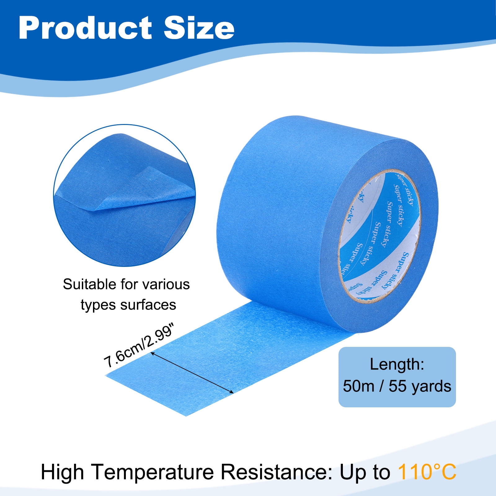 Uxcell Painters Tape, High Temperature Resistant Paint Masking Tape Adhesive for Wall Painting Craft Arts Decoration Drafting Blue 2.99 Inch x 55 Yards