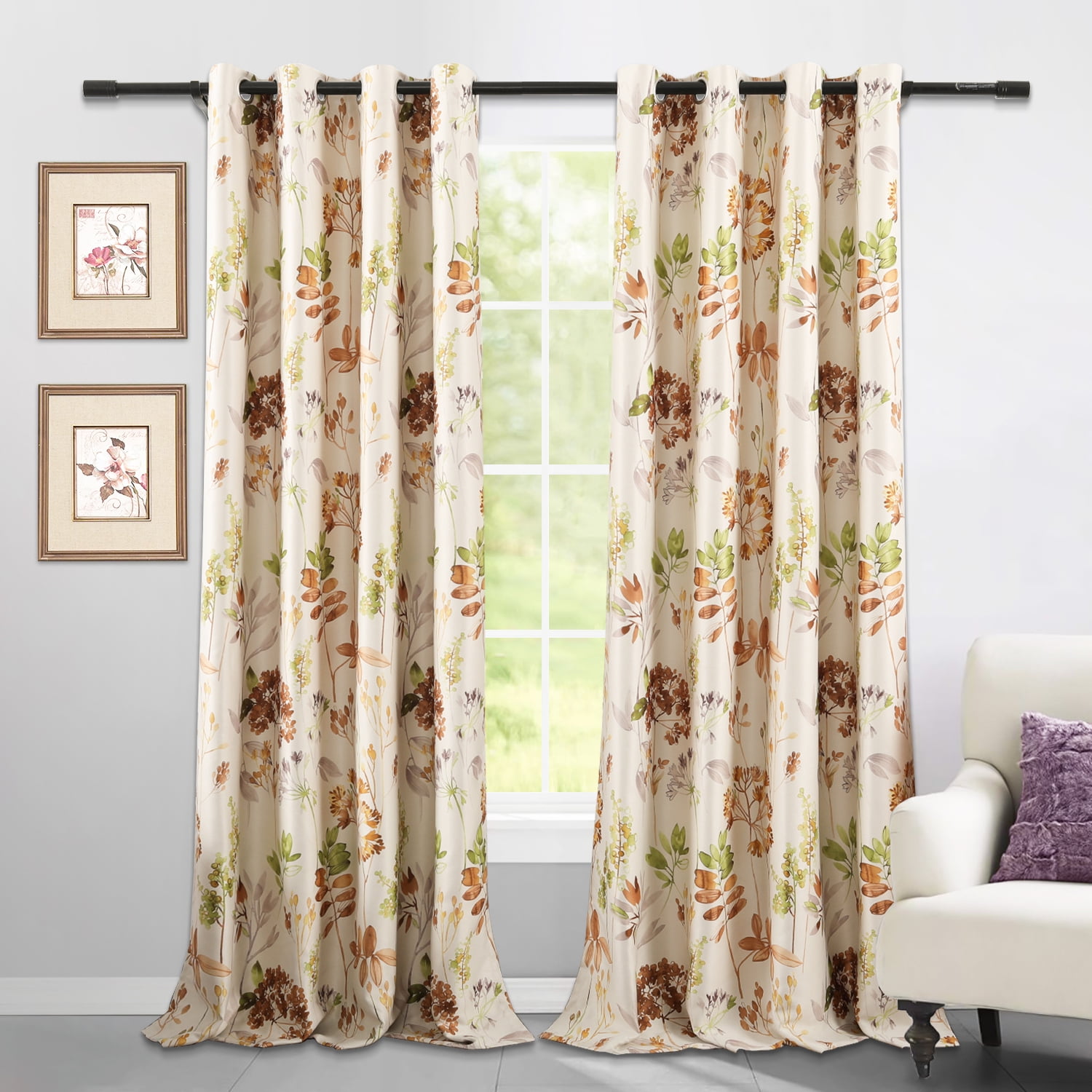 VOGOL Plant Print Home Decor Window Curtains for Bedroom, Grommet Vintage Room Darkening Drapes for Dining Room, 52x84 inch, 2 Panels, Brown