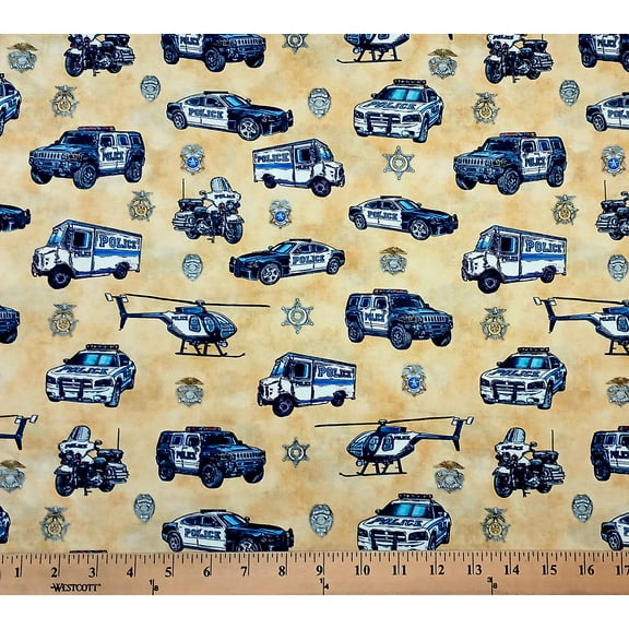 Cotton American Heroes Police Cars Helicopters Motorcycles Trucks Badges Quilting Treasures Wheat Cotton Fabric Print by the Yard (2600-30687-S)