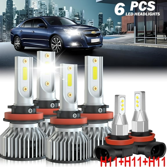 Fit for 2006 - 2012 Chevrolet Malibu LED headlight bulbs H11 H9 H8 High/Low Beam+ Fog lights,12000LM 50W 6000K,500% Brighter than halogen, 6PCS